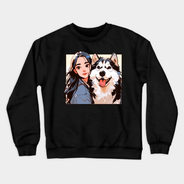 Anime girl with her husky friend Crewneck Sweatshirt by TomFrontierArt